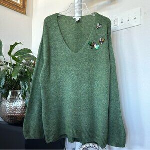 H&M Oversized Knit Sweater Sz S V Neck Rhinestoned Sequined Bugs Bees Relax fit